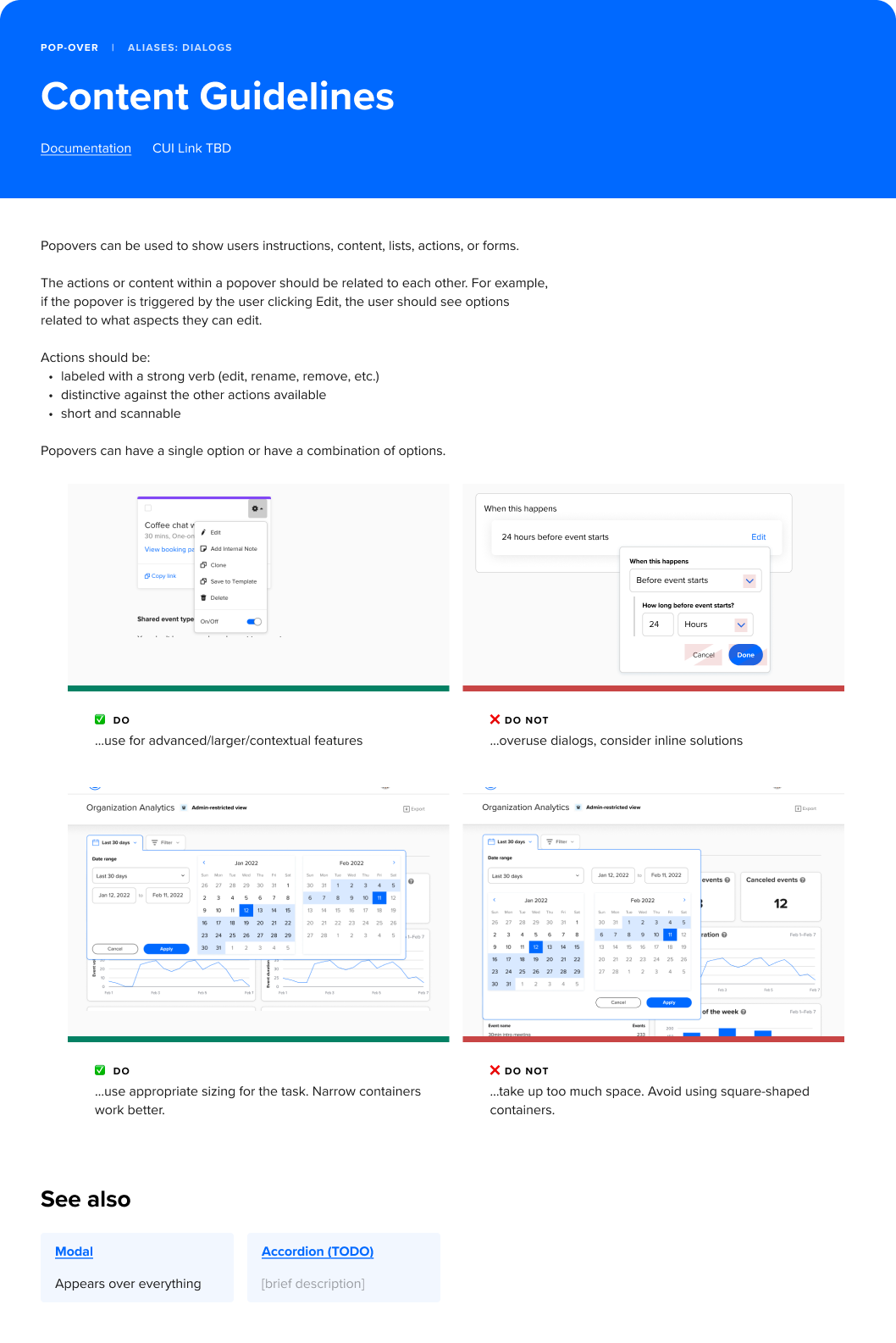Content Guidelines documentation page for the popover component — usage rules with annotated do and don't examples, plus cross-links to related components like the modal