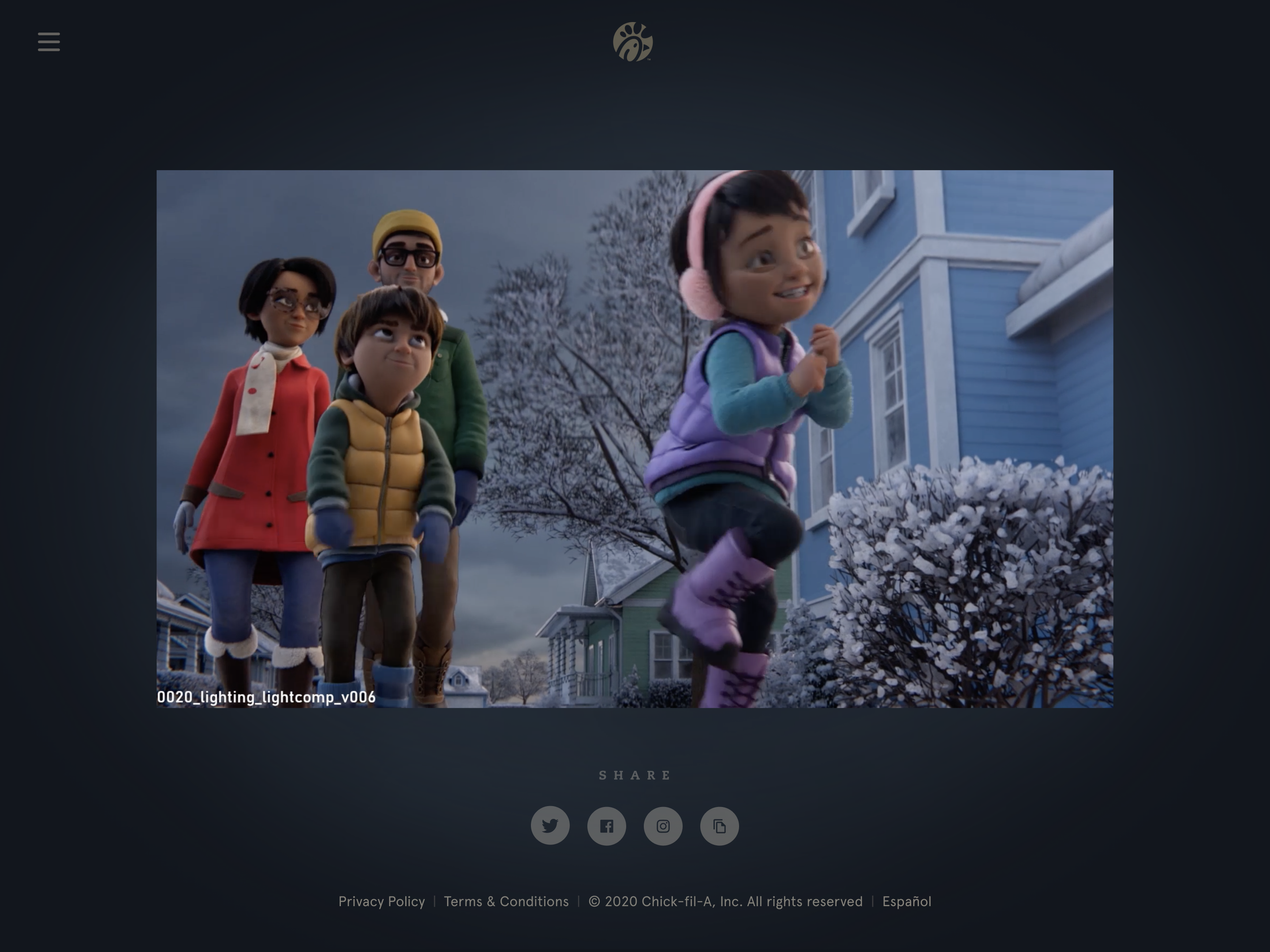 Film viewing page from the microsite: an animated still of a family in winter coats watching a girl in pink earmuffs run past a snowy blue house, with social share icons beneath the player.