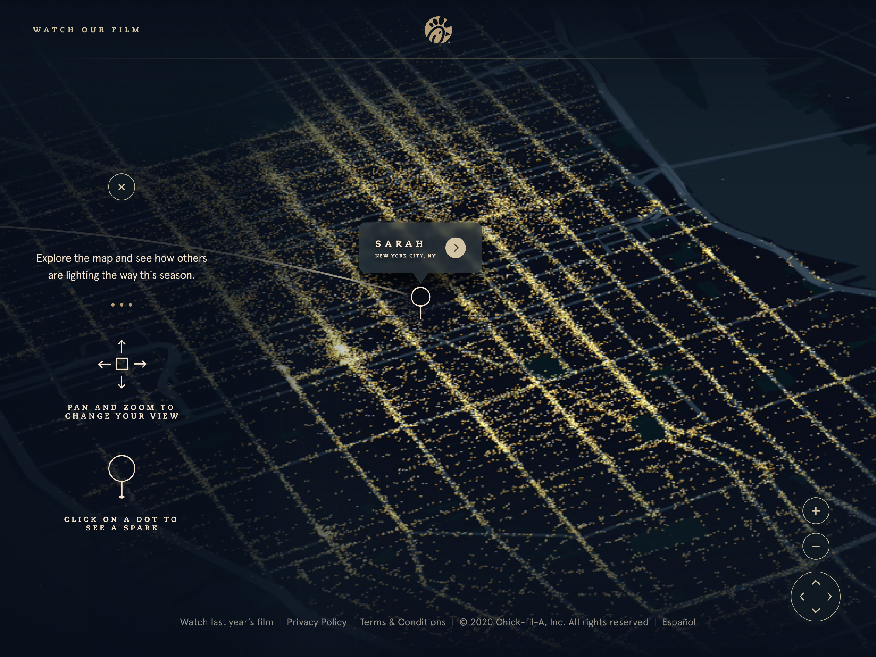 Map view with a first-visit overlay: 'Explore the map and see how others are lighting the way this season,' with icons instructing users to pan and zoom to change the view and click on a dot to see a spark.