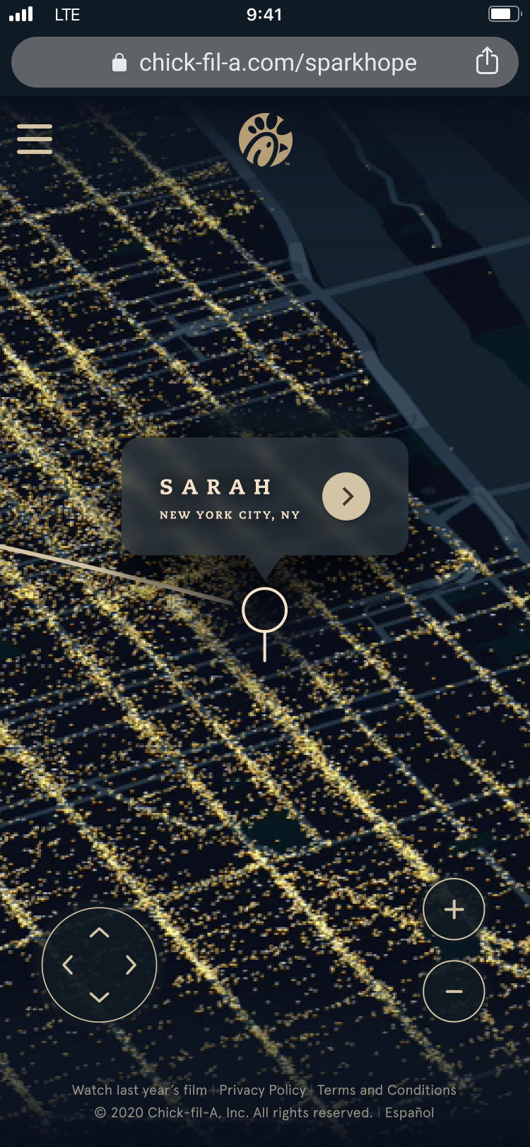 iPhone view of the map at chick-fil-a.com/sparkhope: the glowing illustrated map with a pin popup for 'Sarah, New York City, NY' and on-screen pan and zoom controls.