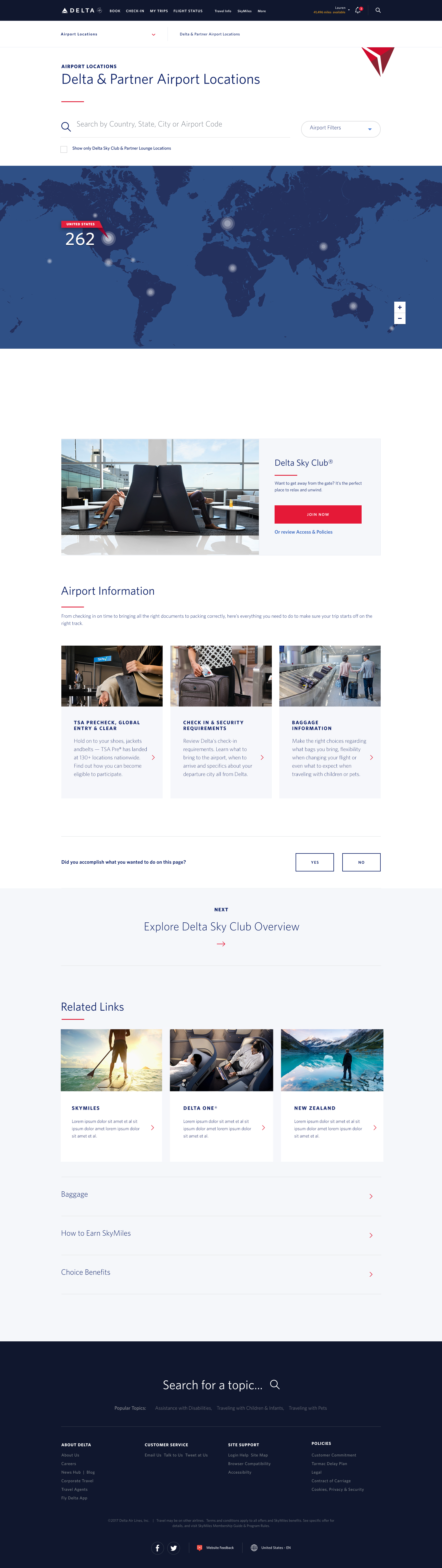 Delta and Partner Airport Locations landing page with a world map of 262 airport locations, airport information cards, and related links