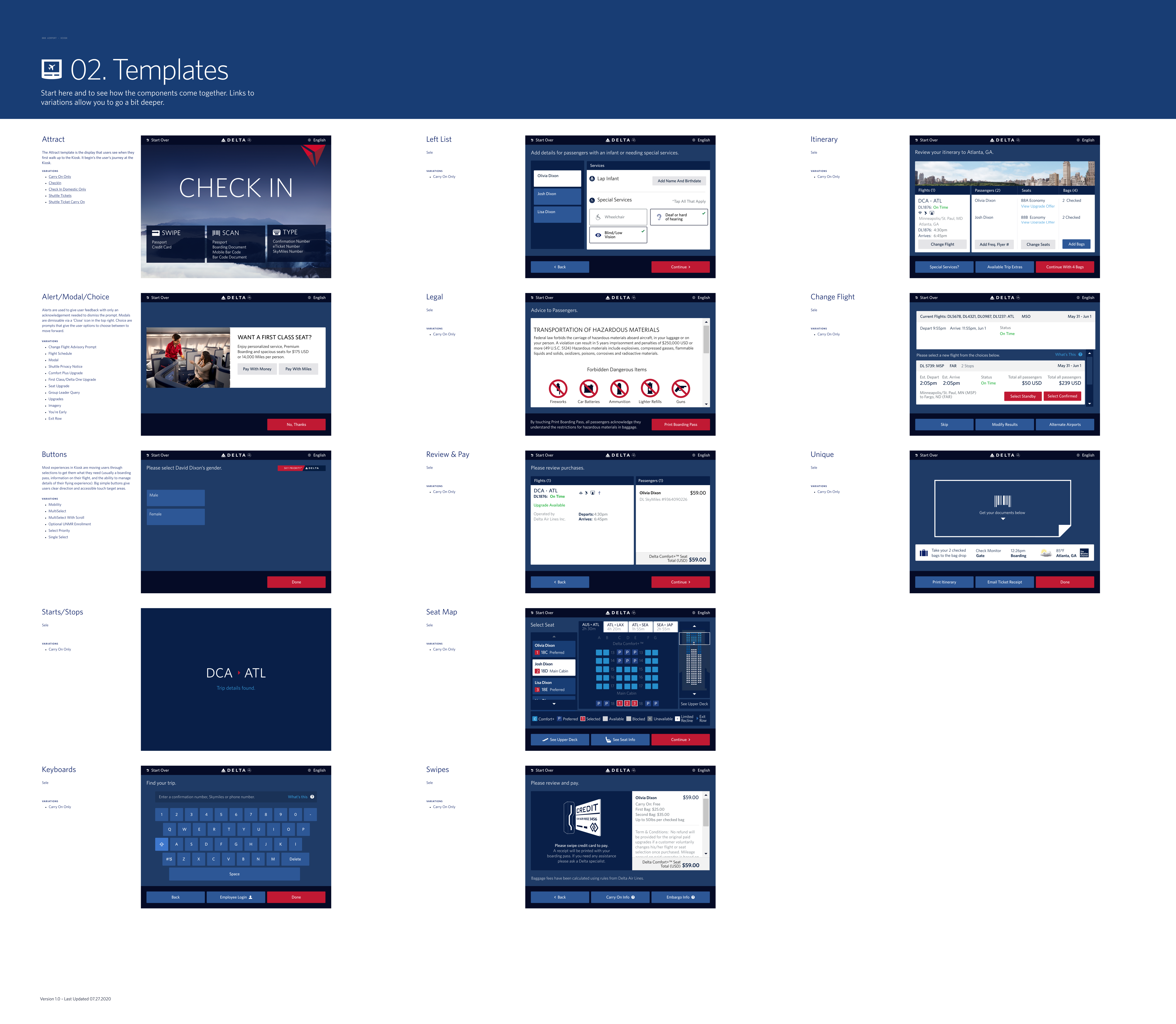 Kiosk templates overview in Figma showing check-in, seat map, payment, keyboard, and other screen templates in Delta's dark kiosk theme