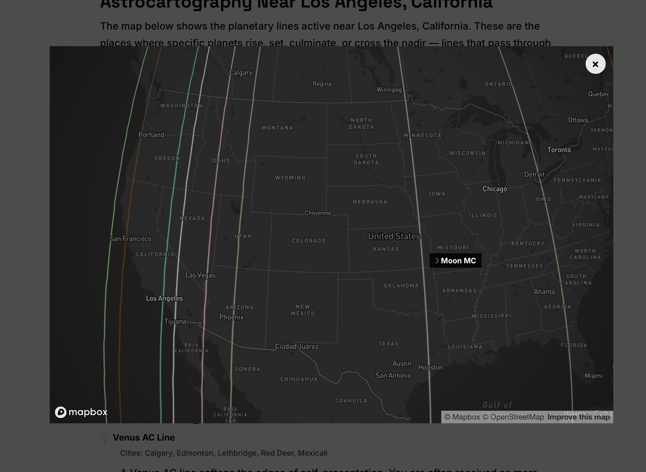 The full interactive map opened from a report: a dark Mapbox view of North America with many colored planetary lines running north to south, a labeled Moon MC chip, a close button, and a Venus AC Line entry with its cities listed beneath the map