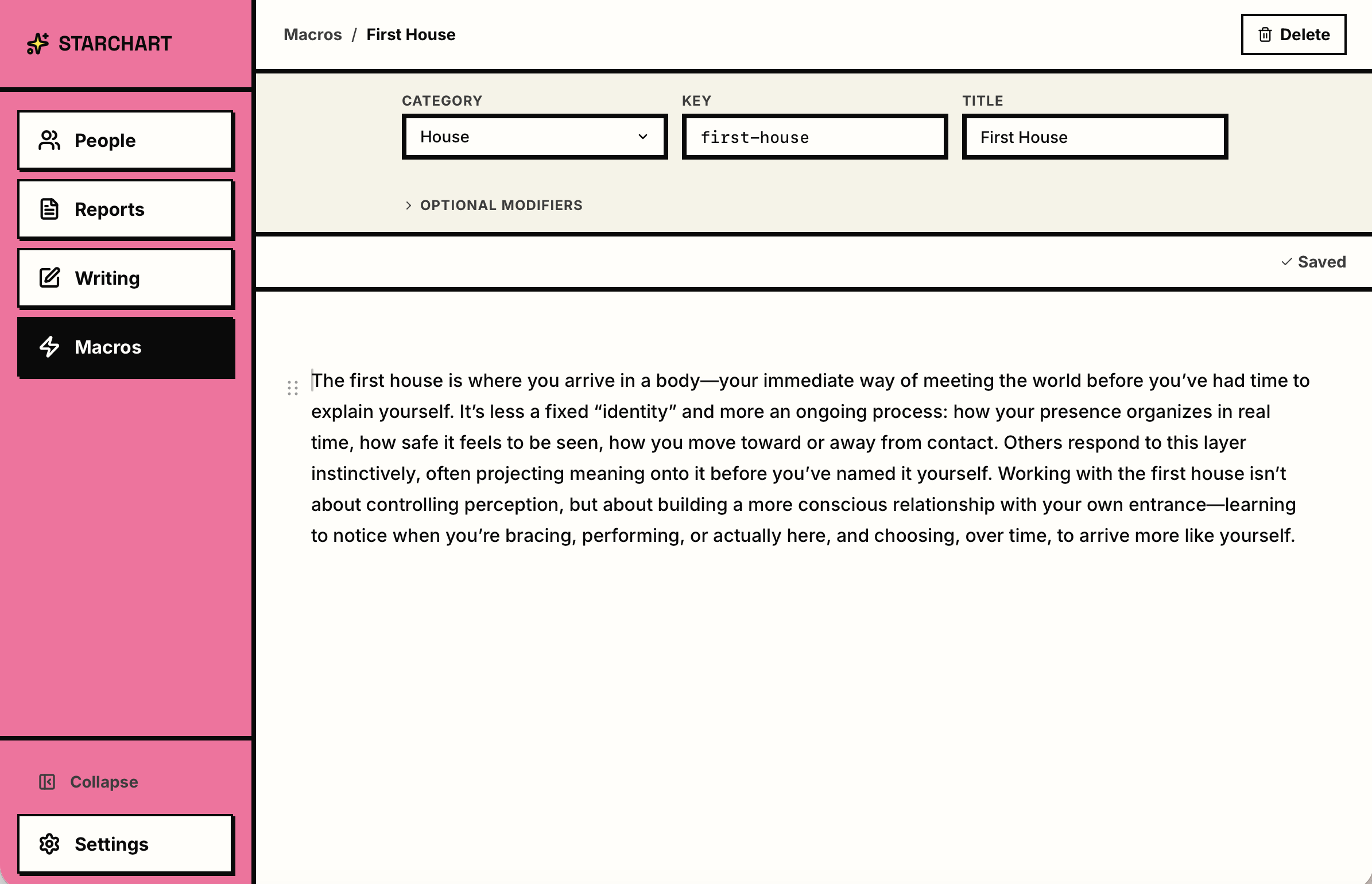 The Macros section of Starchart: a 'First House' macro open for editing with category, key, and title fields above a saved long-form interpretation, and a pink sidebar with People, Reports, Writing, and Macros navigation