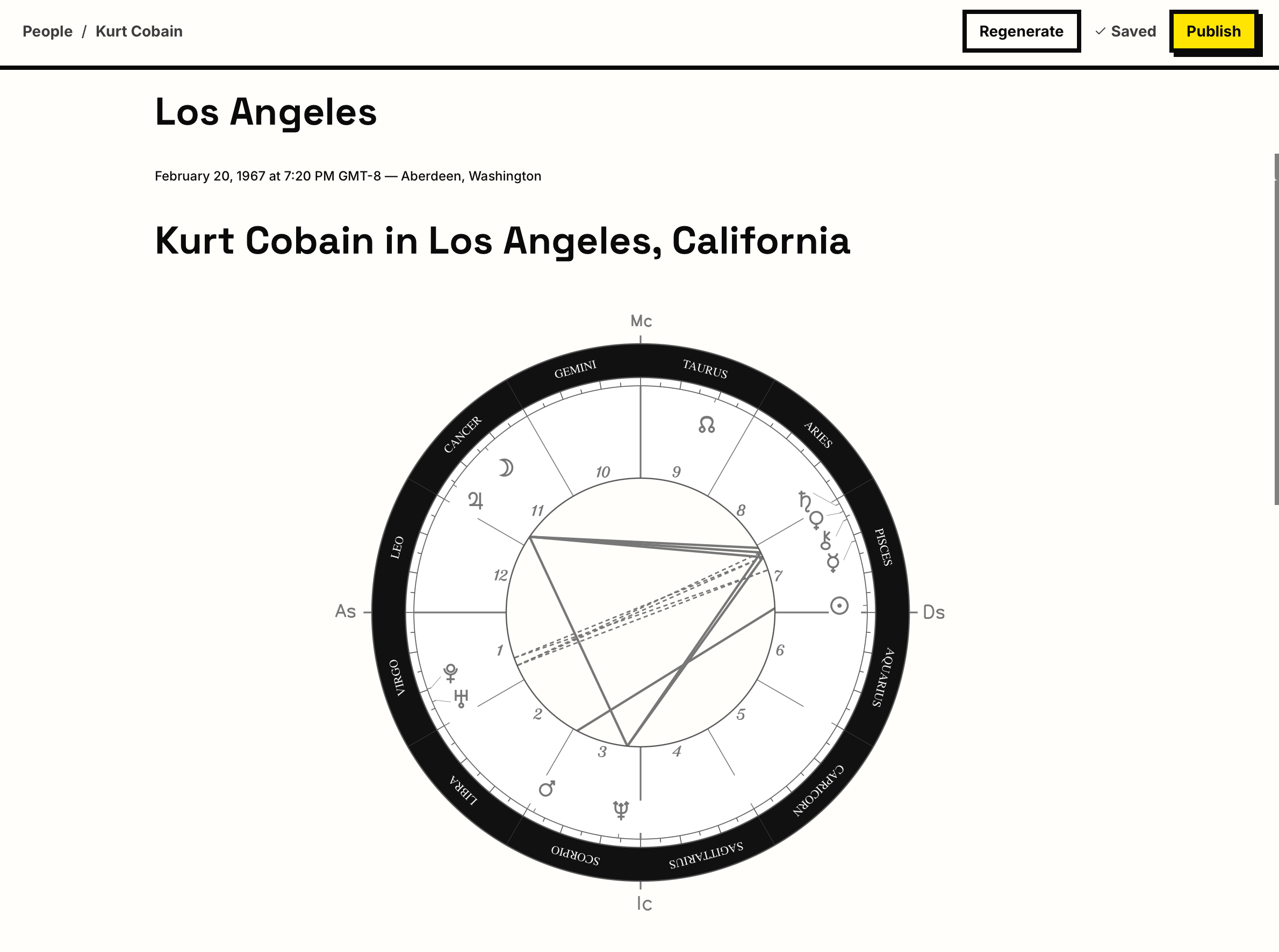 The Starchart report editor showing a relocation report titled 'Kurt Cobain in Los Angeles, California' with birth data beneath the title, a black-and-white chart wheel embedded in the document, and Regenerate, Saved, and Publish controls in the header