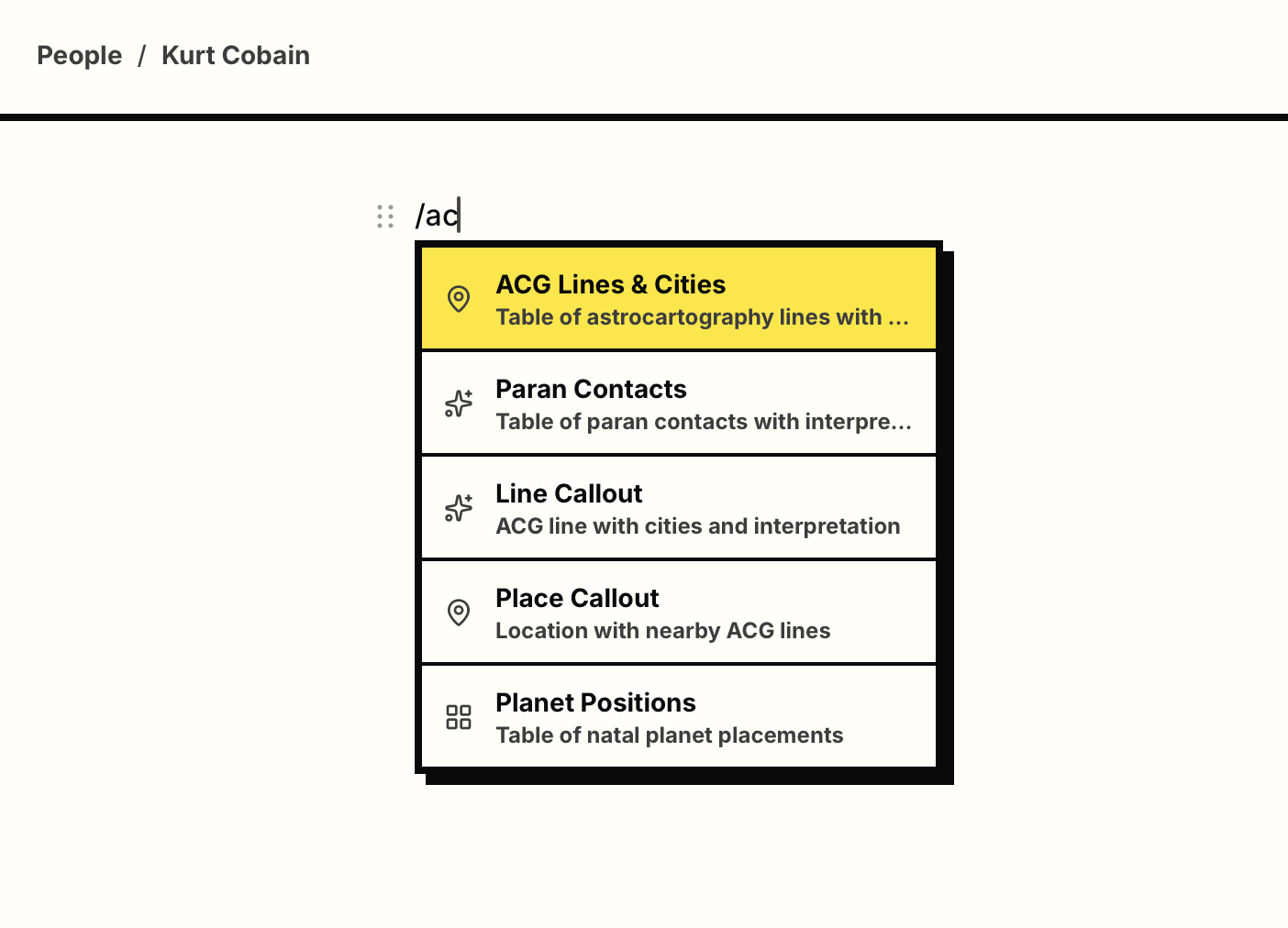 Slash-command menu in the report editor, triggered by typing /ac, listing five block types: ACG Lines & Cities, Paran Contacts, Line Callout, Place Callout, and Planet Positions